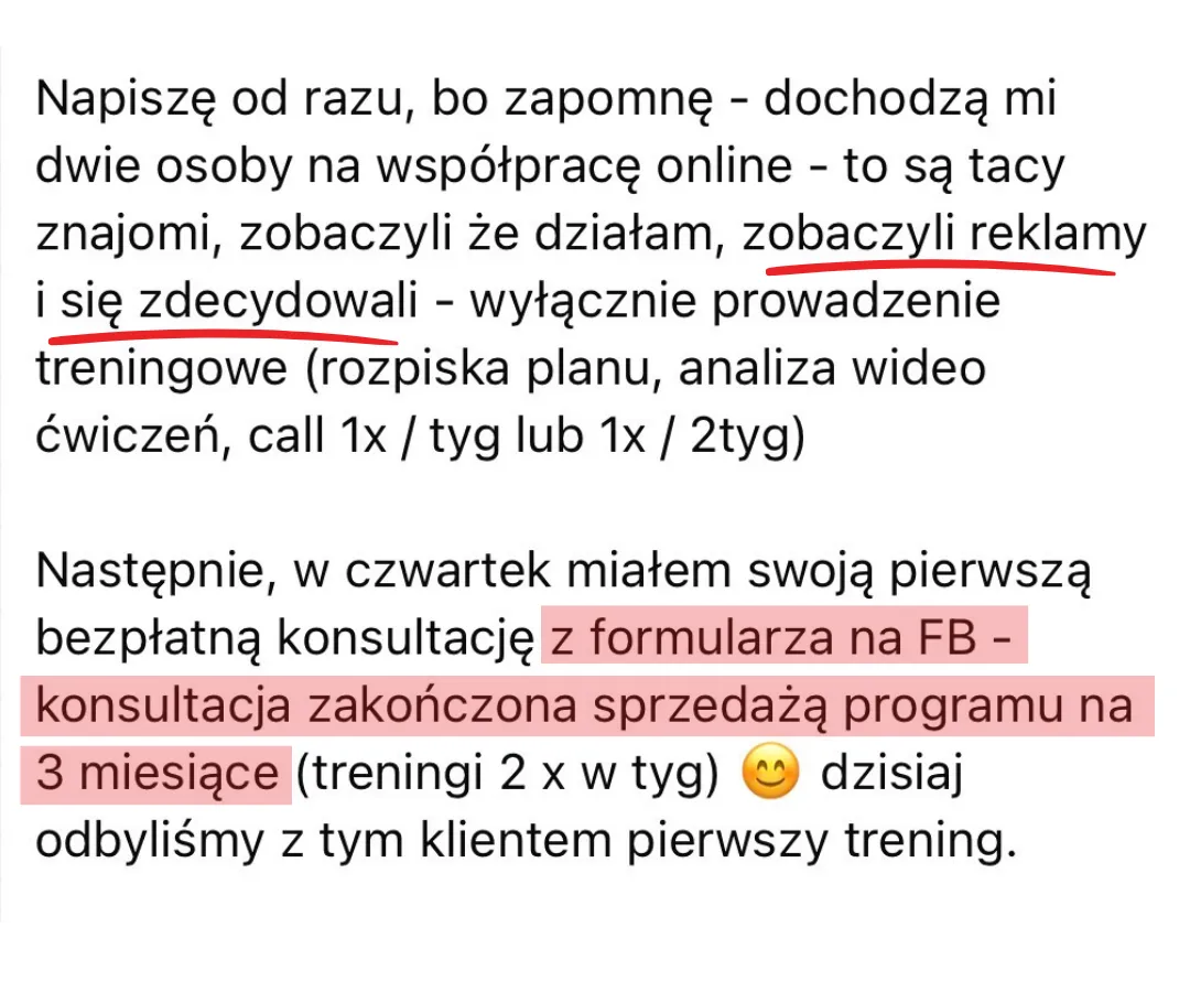 Trener opisuje dwie nowe współprace online i sprzedaż programu na 3 miesiące z bezpłatnej konsultacji