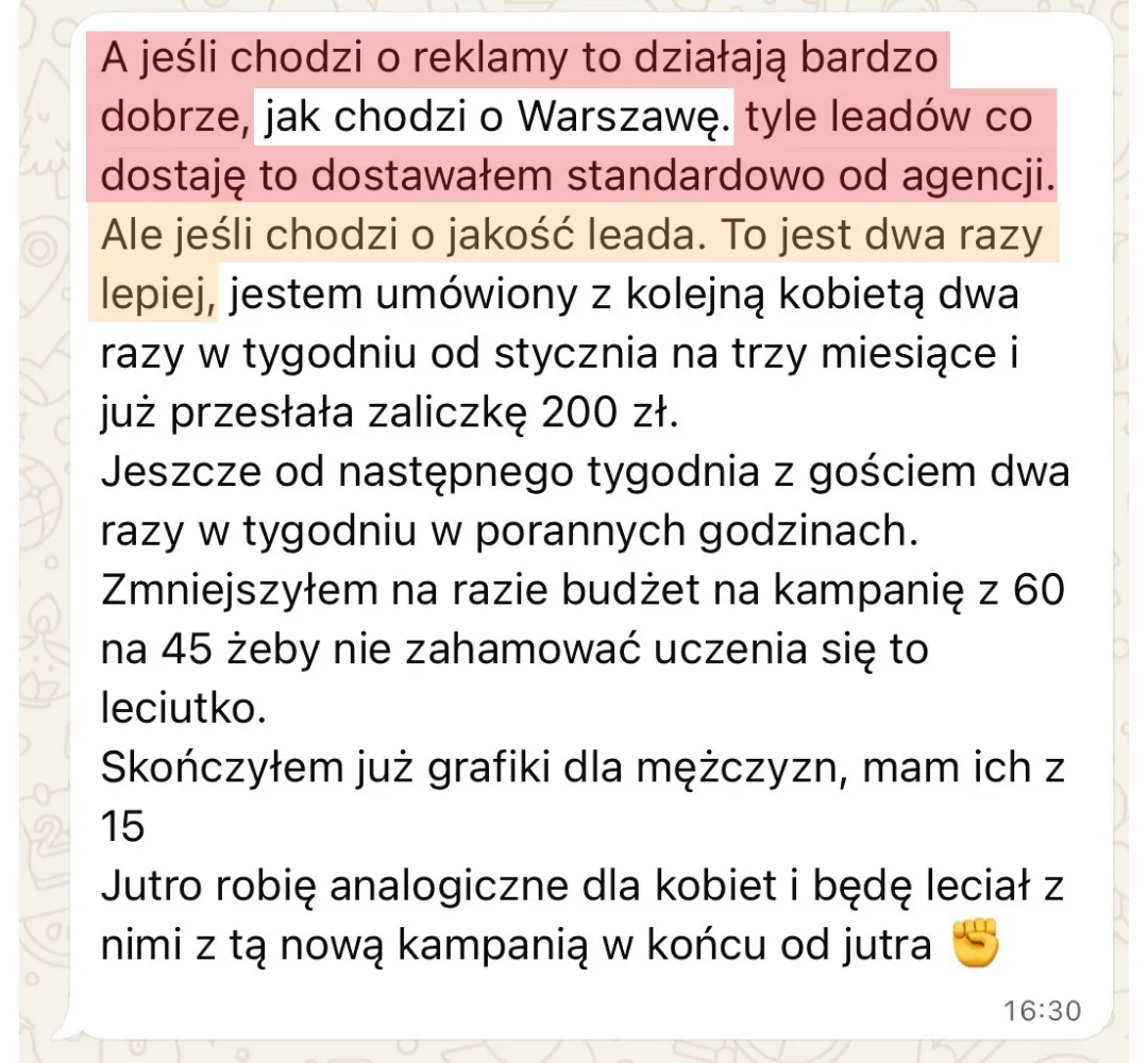 Trener porównuje leady z własnych reklam do agencyjnych: ta sama ilość, dwa razy lepsza jakość