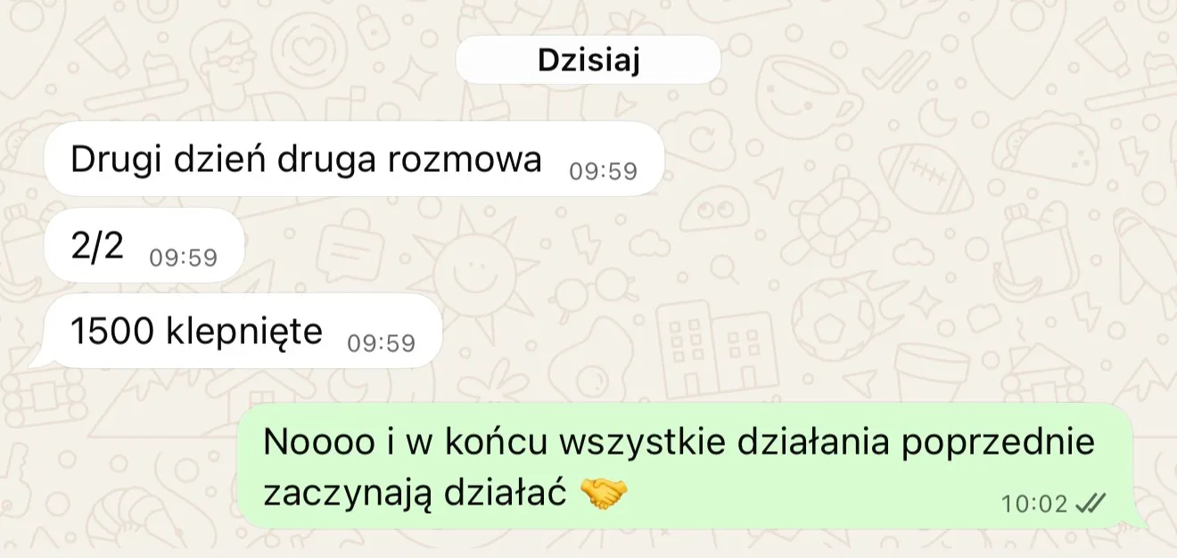 Trener drugiego dnia po rozmowie: druga współpraca, 1500 zł klepnięte