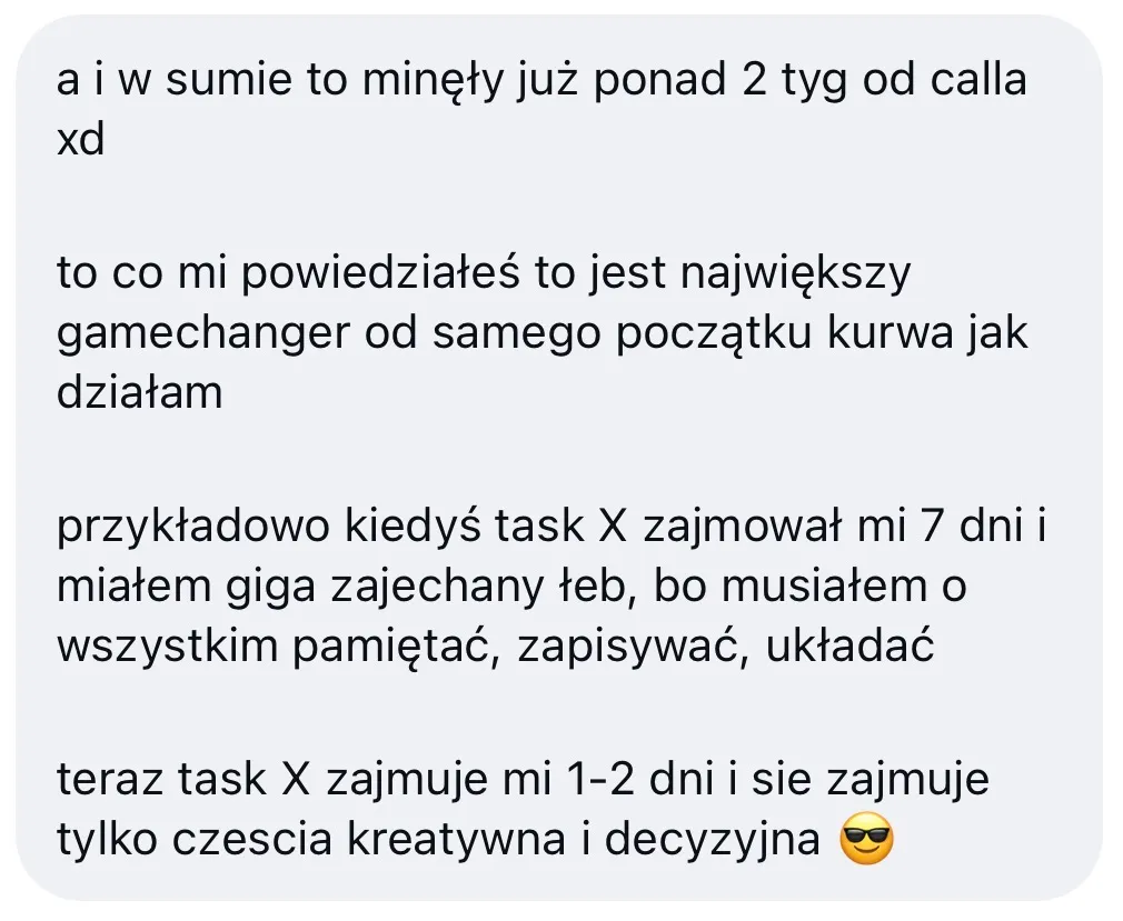 Mentee o tempie pracy: zadanie, które zajmowało 7 dni, teraz zajmuje 1-2 dni